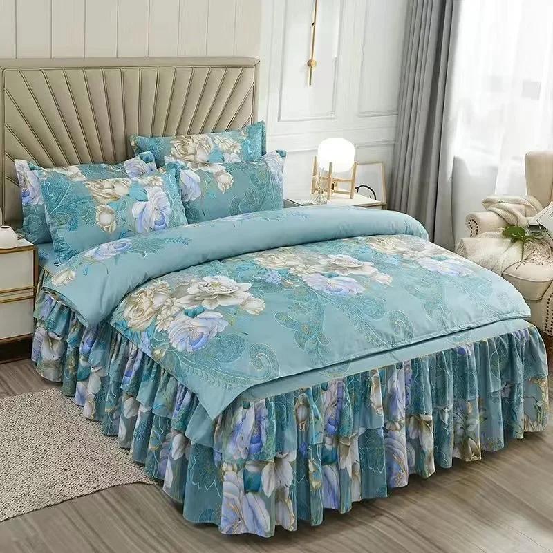 Double Layer Ruffled Bedroom Solid/Flower Pattern Cotton Bed Skirt Coverlets Elastic Tight Dust Cover Bedding