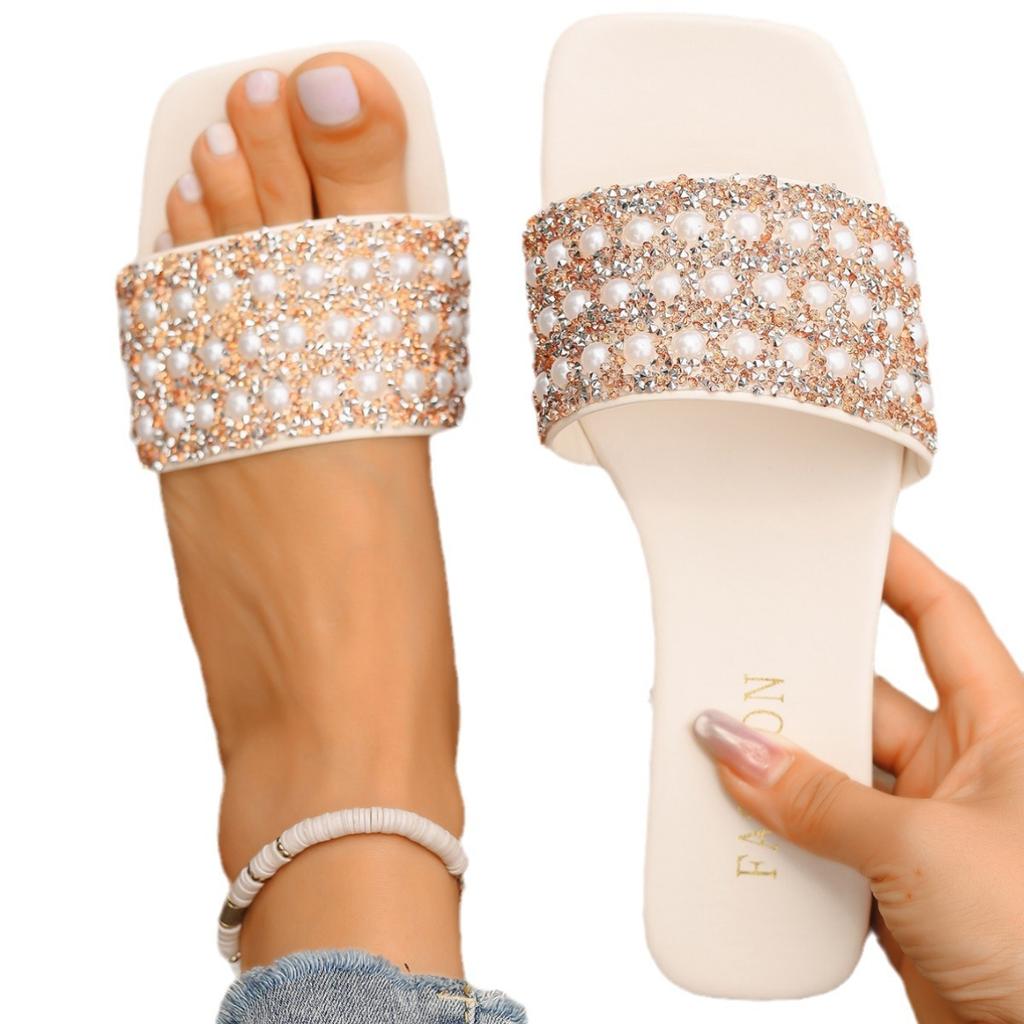 Foreign Trade Flat-bottomed Slippers Women's 2025 Summer New Pearl Rhinestone Outer Wear Square Head Fashion Casual Women's Sandals