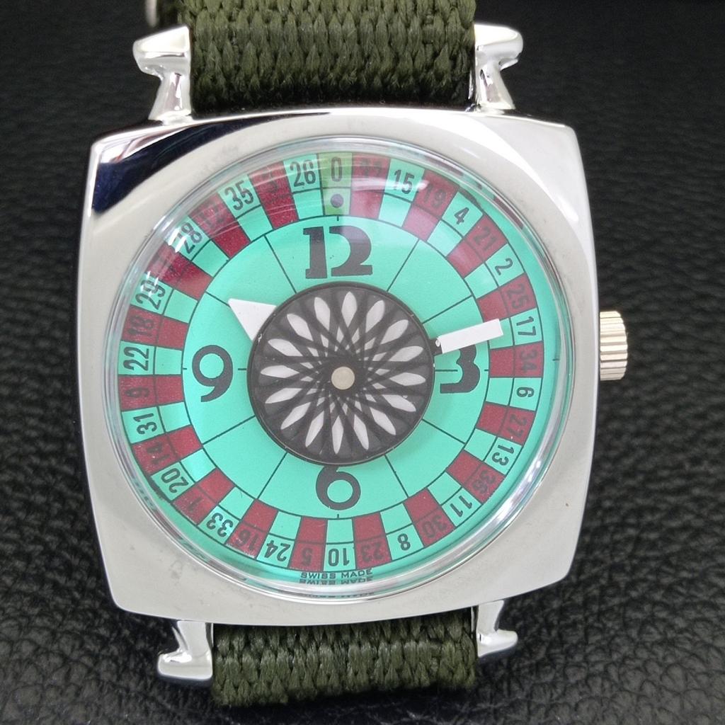 VINTAGE HAND-WINDING SWISS POKER FACE MENS REFURBISHED SEA GREEN WATCH a700937-5 R205a-a700937