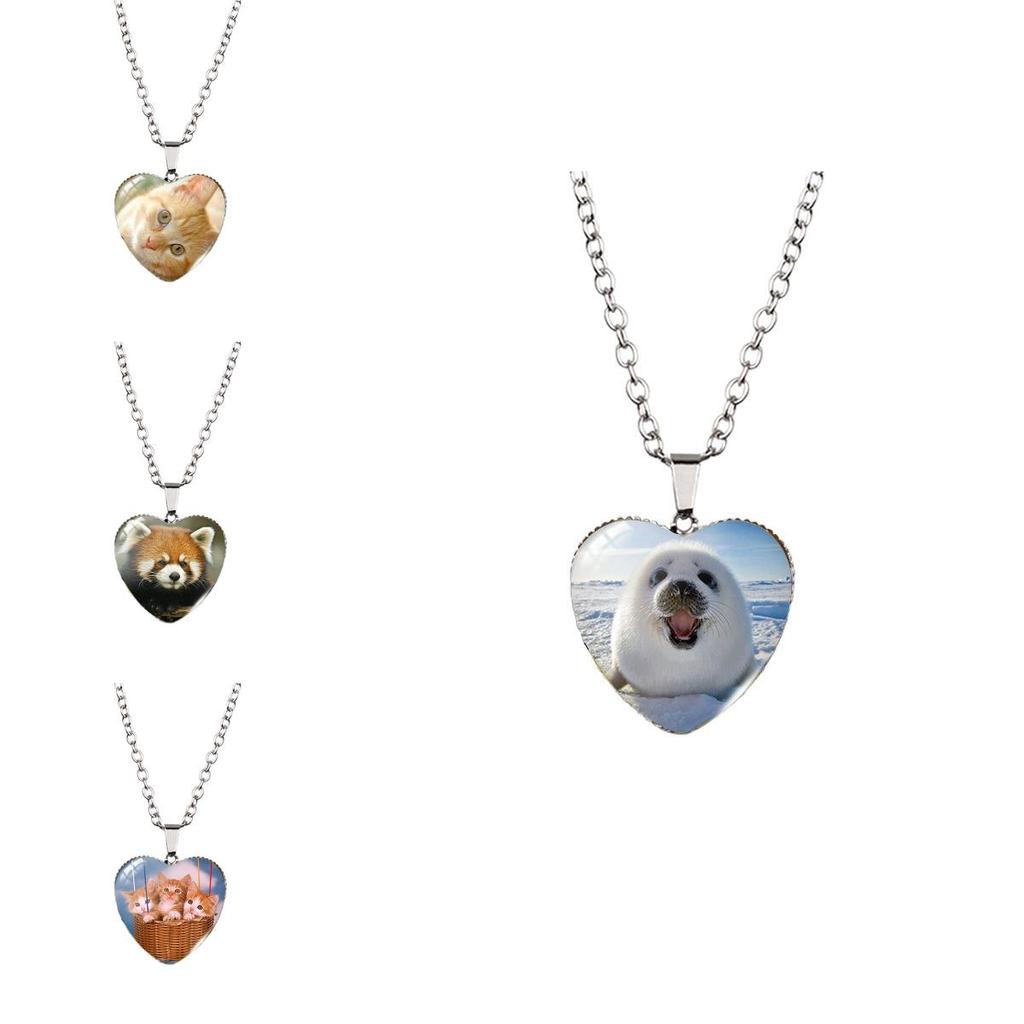 Adorable Heart Shaped Animal Time Gemstone Necklace With Charming Cat Pendant For Women