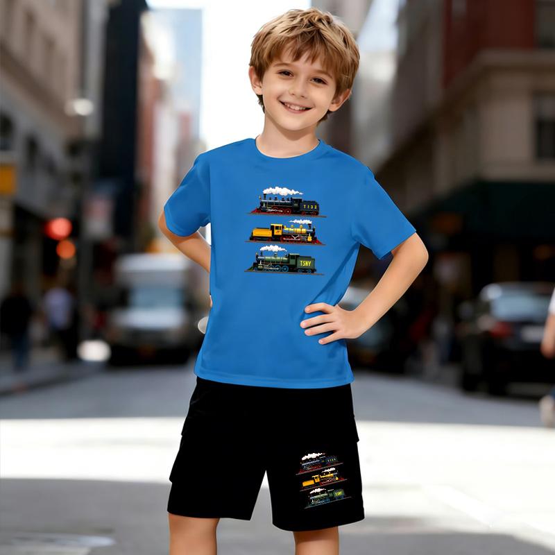 Boys 2 Piece Steam Locomotive Train Print Outfit, Short Sleeve T-Shirt and Shorts Set for Kids Age 5-14, Black and White Sporty Casual Summer Clothes