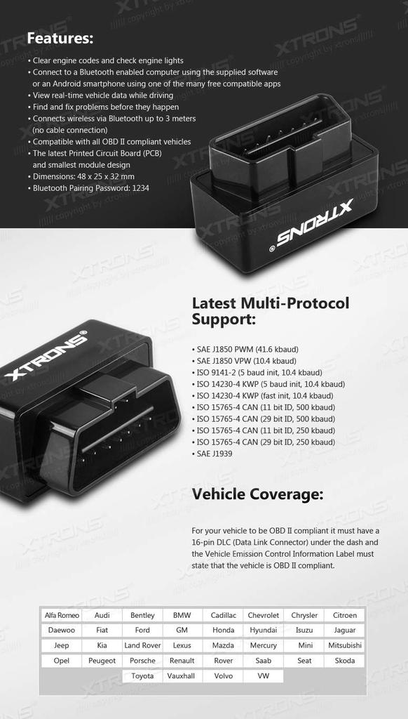 XTRONS OBD2 Bluetooth ELM327 Automotive Diagnostic Tool for Android Devices OBD2 Adapter No Wiring Required Suitable for Multiple Vehicles (OBD02)
