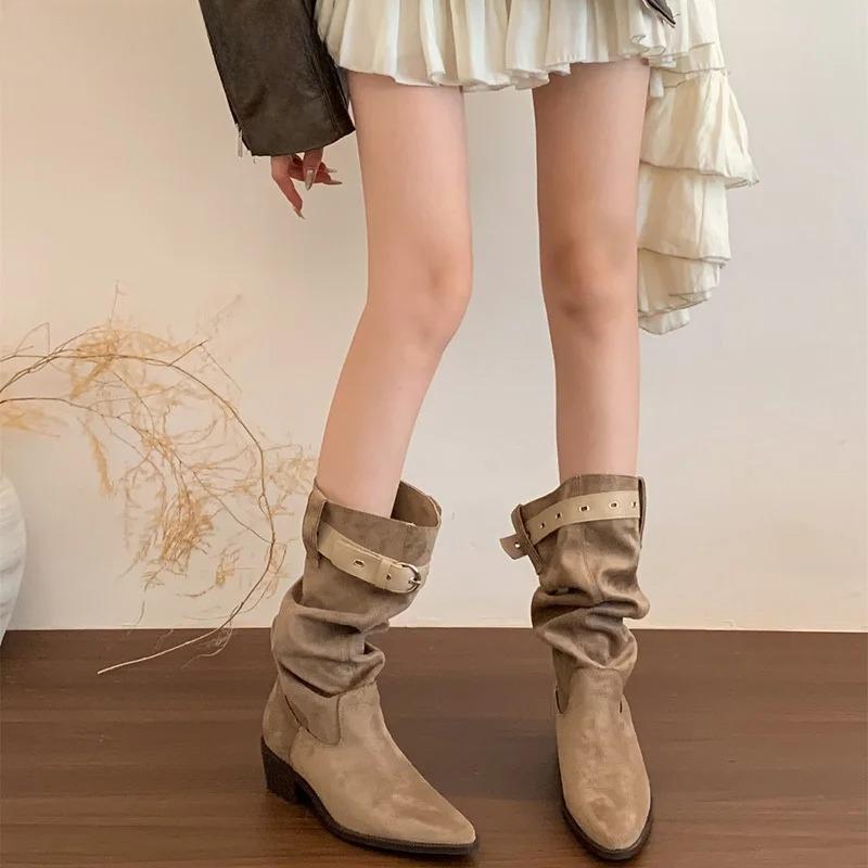 Vintage Pleated Women Western Cowboy Boots Fashion Pointed Toe Thick Heels Ladies Mid Calf Booties