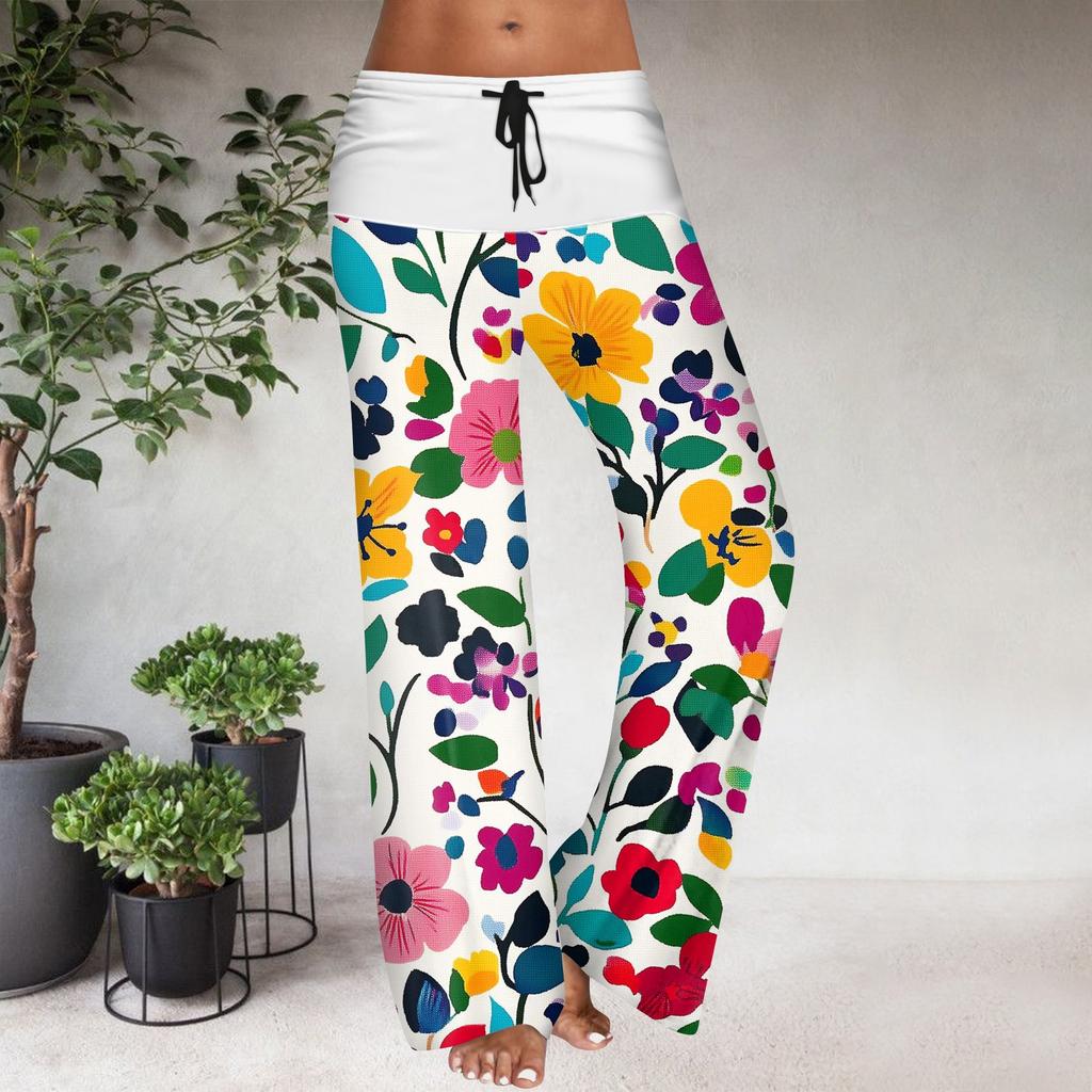 Women's Drawstring Elastic Waistband Wide Leg Color Matching Floral Printed Casual Pants