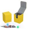 Yellow trading card deck box with sleeves, 7.3x8x10.3cm