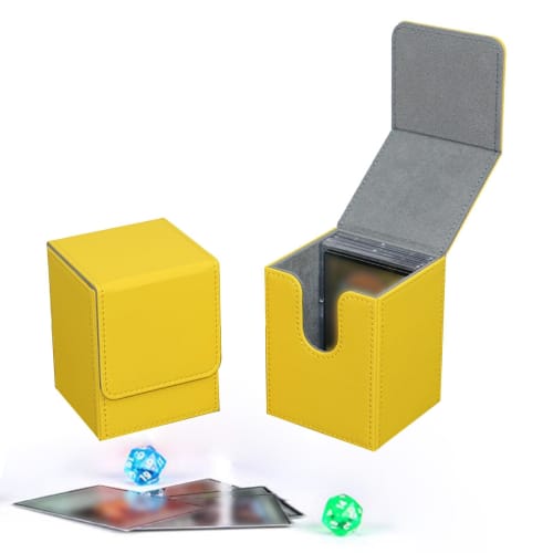 Yellow trading card deck box with sleeves, 7.3x8x10.3cm