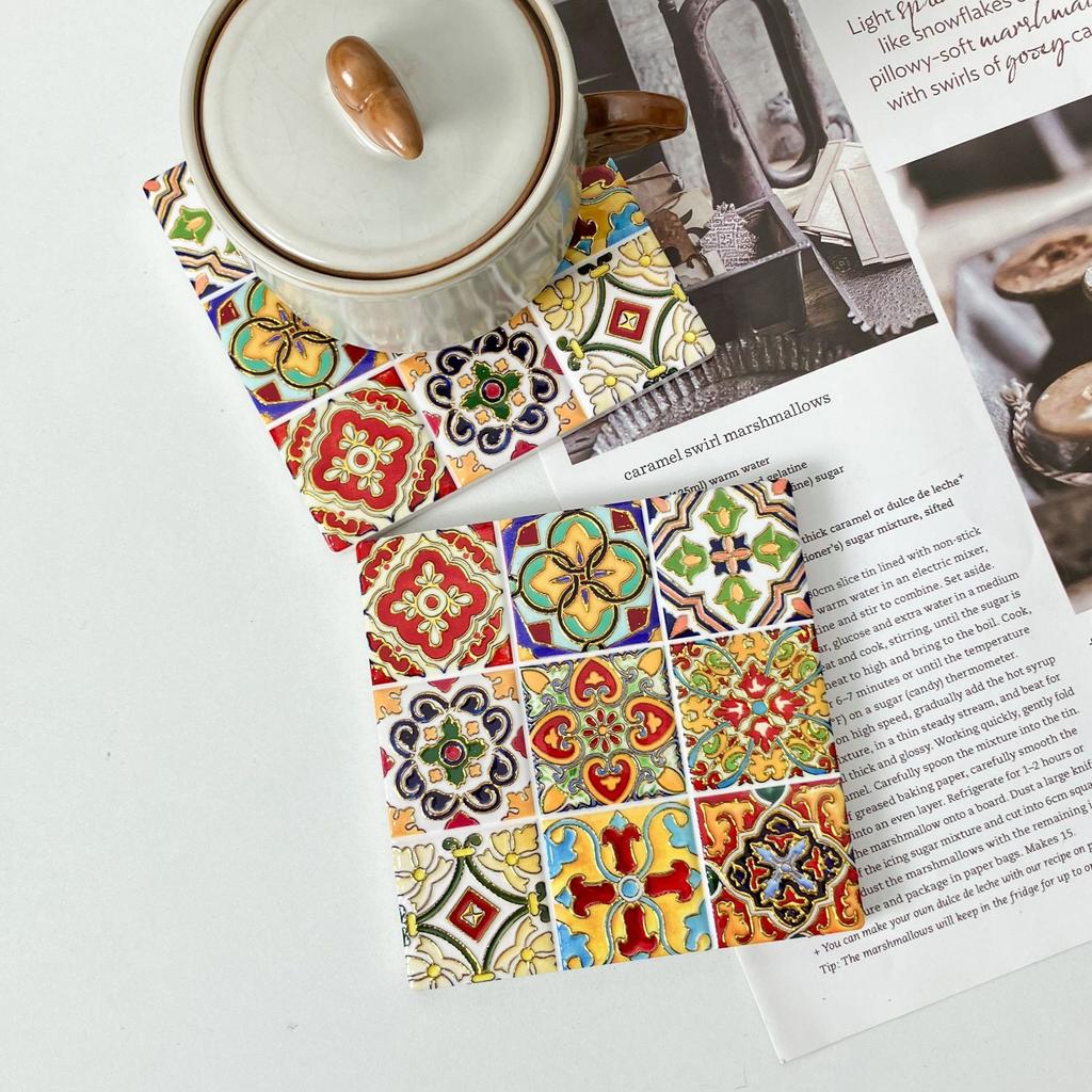 Quadratischer 3D-geprägter bronzierter Untersetzer Rutschfeste Wärmeisolierung Kaffee Retro Teetasse Matte