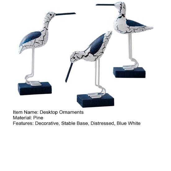 Wooden Seabird Figurine Ornament Desktop Decor with Stable Base Retro Distressed Blue White Coastal Style for Bedroom Living Room Study