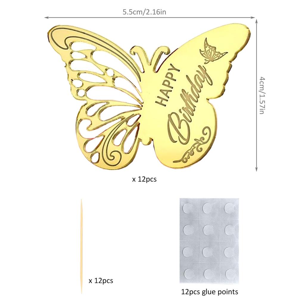 12 Pieces Acrylic Happy Birthday Butterfly Cupcake Toppers for Party, Engraved Mirror Acrylic Cake Disc for DIY Cupcake Decor