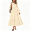 Abito Lungo da Donna con Scollo a V, Manica Lunga, a Strati, Vita Arricciata, Orlo a Volant, Abito Casual per Primavera ed Estate