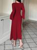 Elegant Women's V-Neck Midi Dress with French Lace Trim and Flared Sleeves for Autumn/Winter