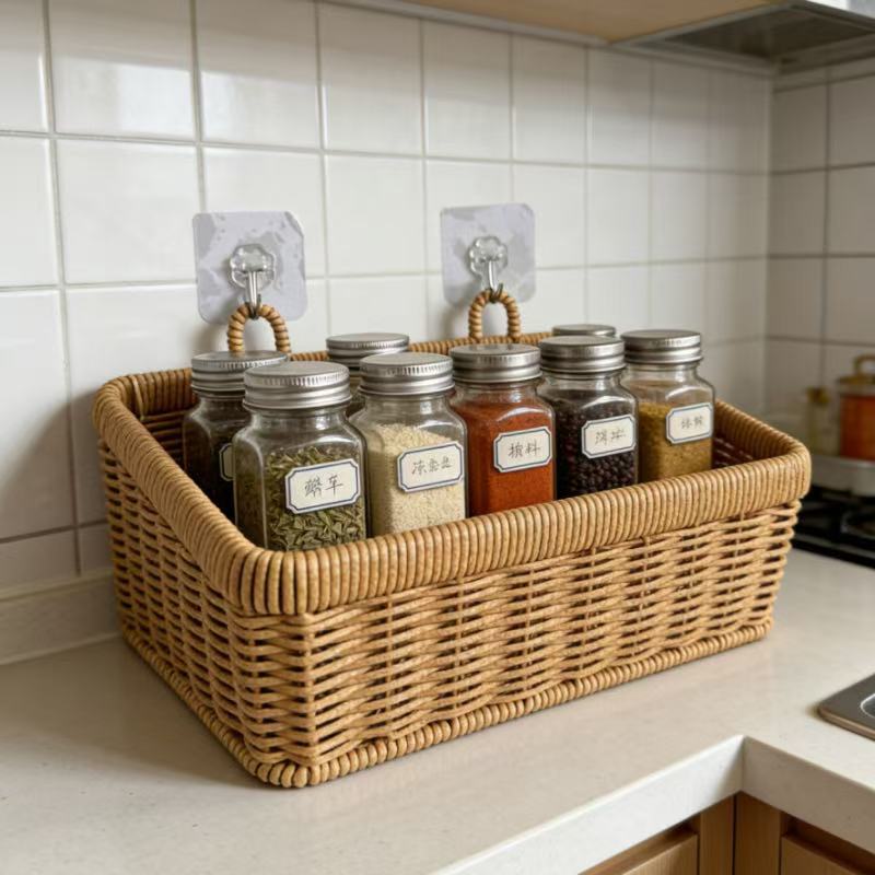 Wall Hanging Woven Storage Basket Set | Plastic Rattan Hanging Organizer with Hooks | 2 Sizes Kitchen Pantry Storage Basket for Home Decor
