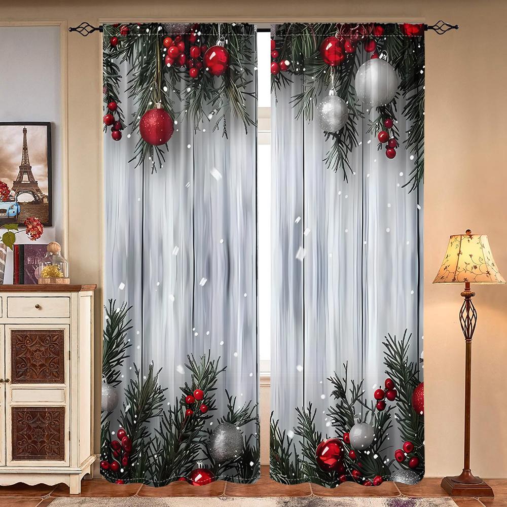 2 Pieces, Christmas Ball Wooden Background Curtains -30% Blackout - Suitable for Living Room, Bedroom, Kitchen, Home Decoration