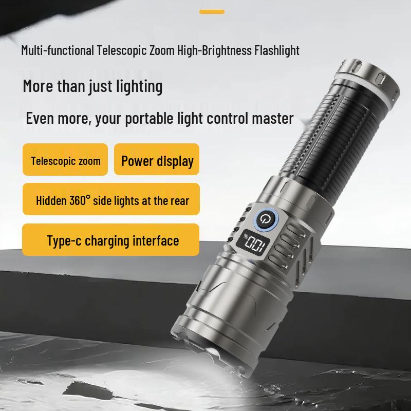 Dual Light Rechargeable Laser Flashlight with Retractable Outdoor Lighting & Digital Display