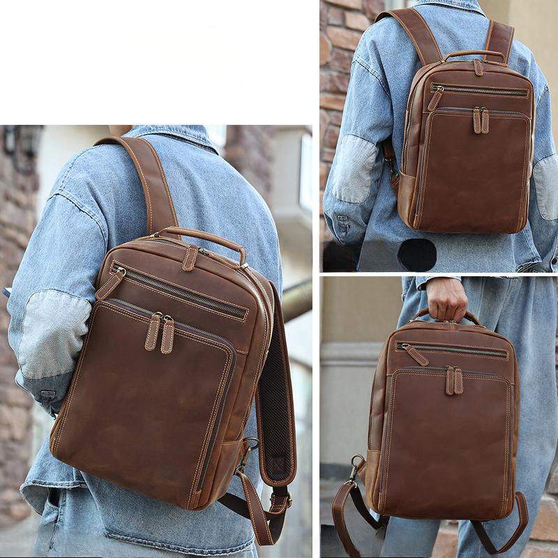 Outdoor Travel Backpack, Men's Backpack Genuine Leather Men's Bag Business Casual Crazy Horse Leather Backpack