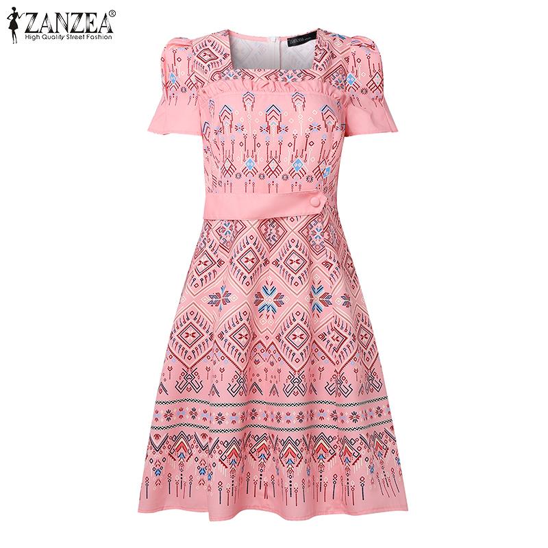 ZANZEA Women Summer Square Collar Casual Short Sleeve Print Dress
