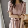 Elegant Mist Pink Lace A-Line Midi Dress with Short Sleeves for Spring & Summer