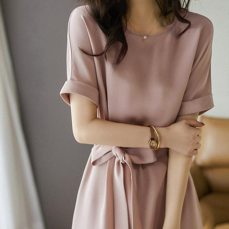 Elegant Mist Pink Lace A-Line Midi Dress with Short Sleeves for Spring & Summer