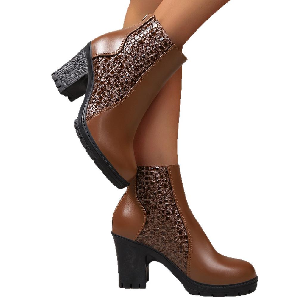 Women's Ankle Boots Autumn Thick Heel High-heeled Short Boots with Zipper Splicing Plus Size Fashion Short Boots
