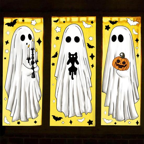 6 Sheets Halloween Large Ghosts Window Clings Spooky Bat Black Cat Pumpkin Stickers Double Sided PVC Decals for Home Party Store Glass Decoration