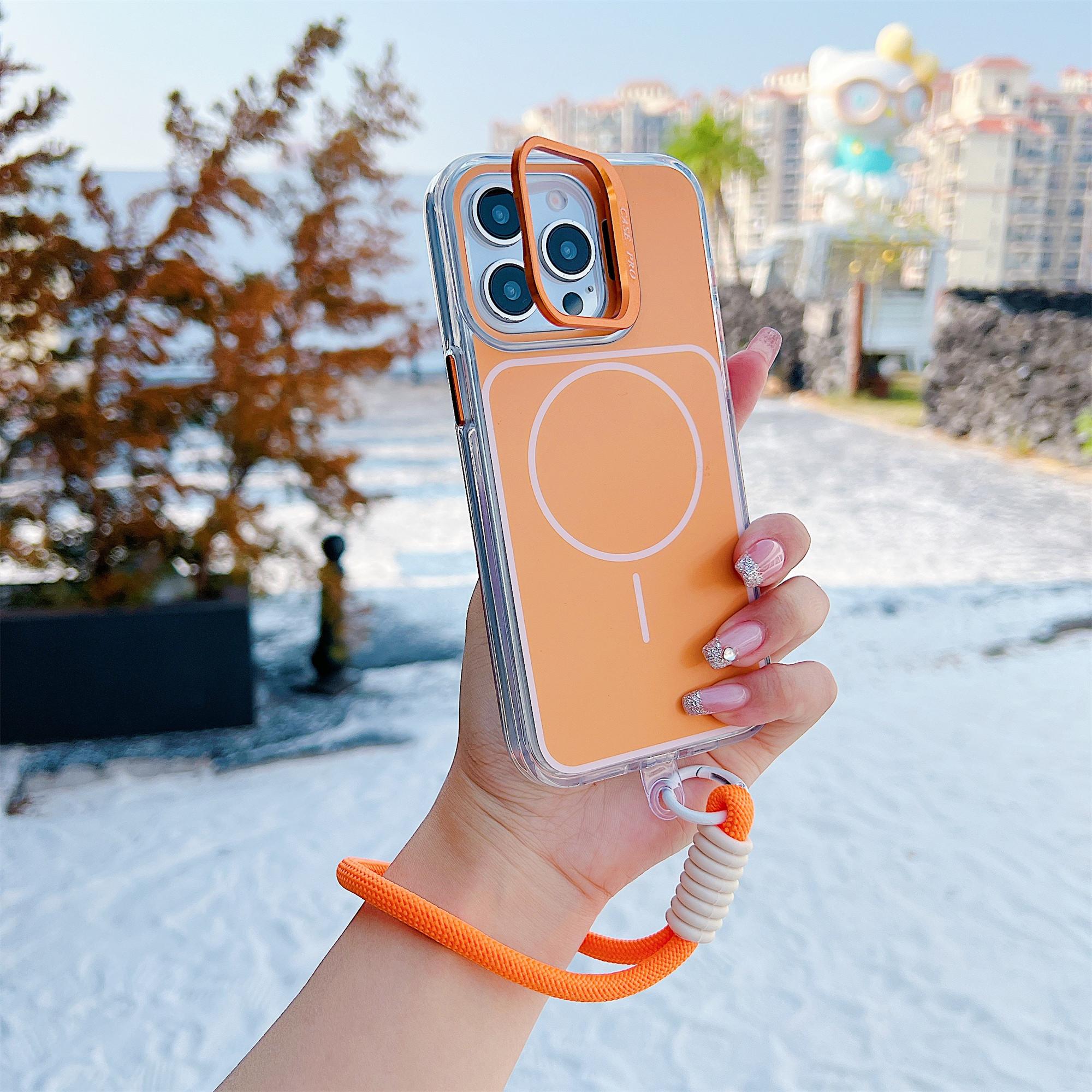 For iPhone 15 Pro Case Compatible with MagSafe Lens Kickstand TPU Acrylic Phone Cover with Matching Hand Strap
