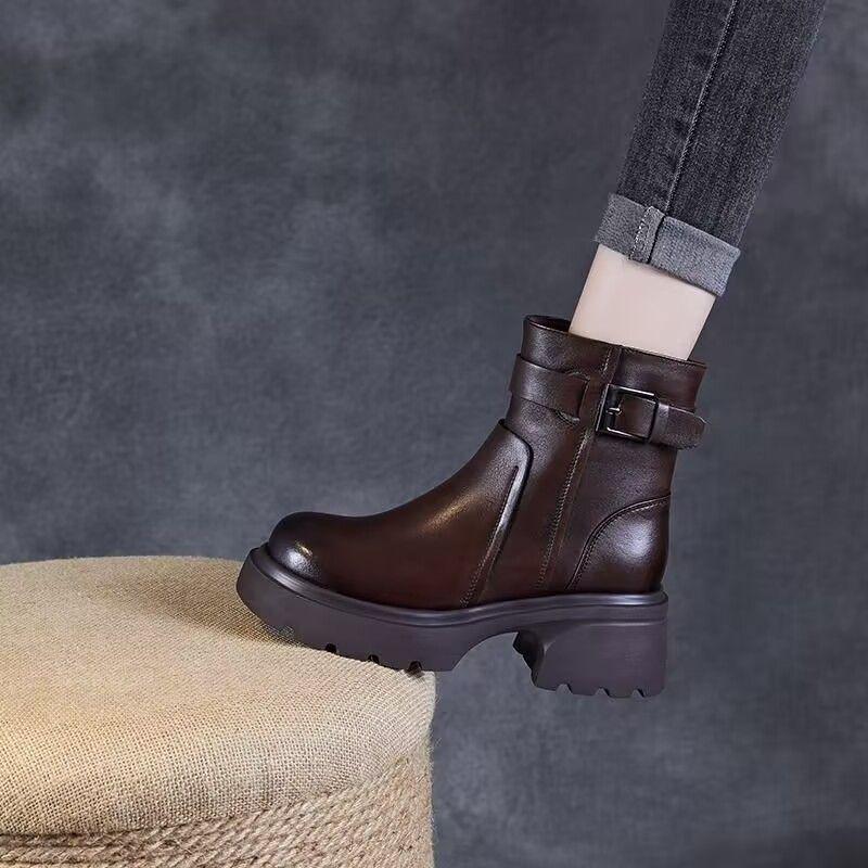 2025 Women's Genuine Leather Martin Boots - Warm, Thickened, Single Cotton Boots for Spring, Autumn, and Winter.