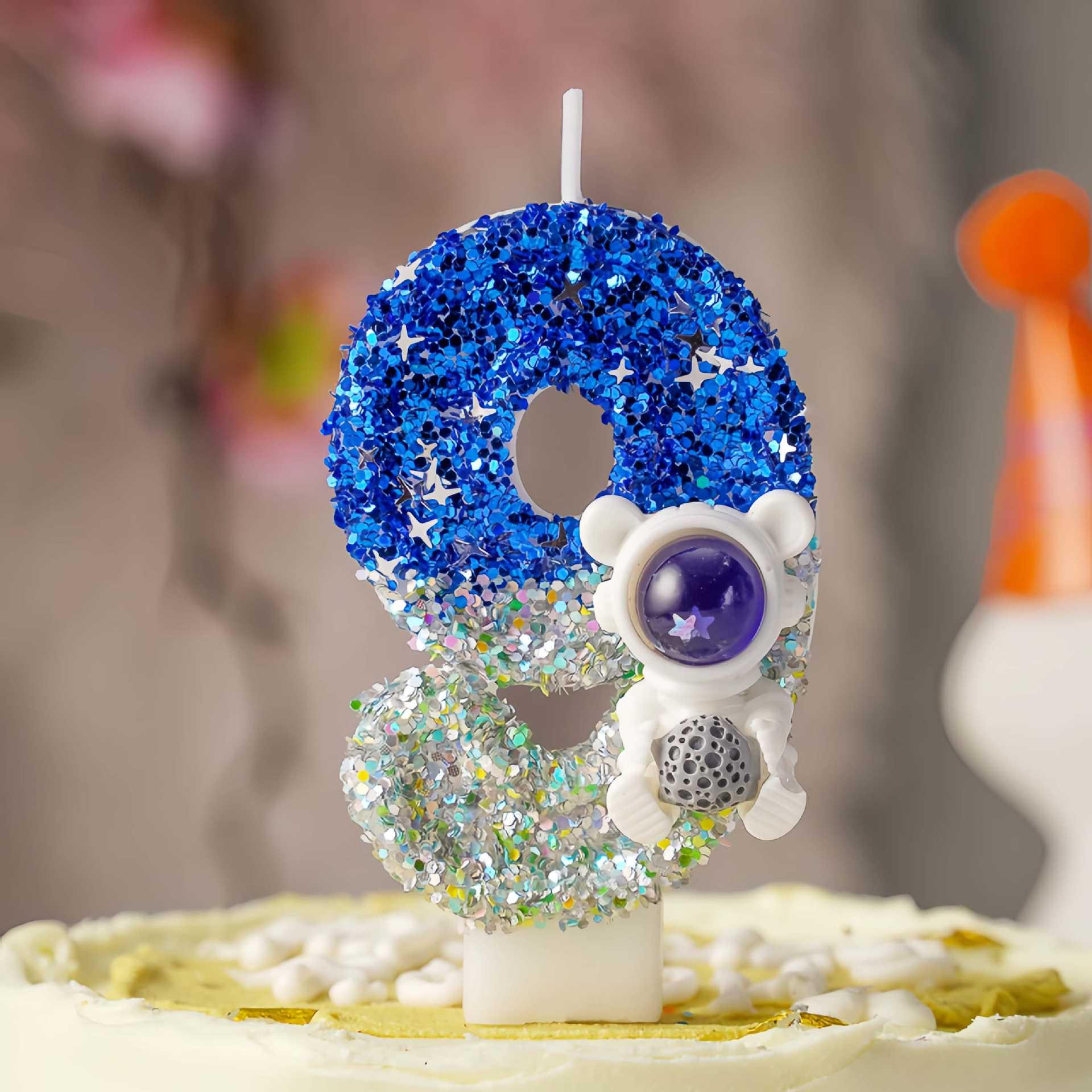 Creative Astronaut Birthday Cake Number Candles with Sequins - Fun Cartoon Atmosphere