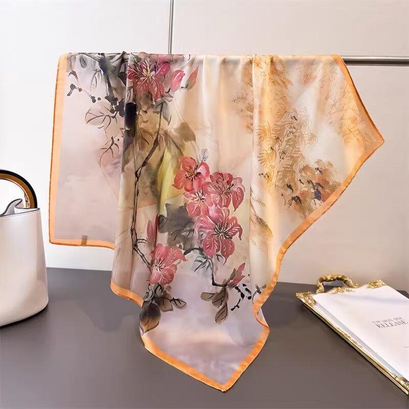 68Cm Pink Daisy Printed Scarf Women'S Autumn And Winter Polyester Fiber Scarf Versatile Warm Sun Protection Headscarf Neck Shawl