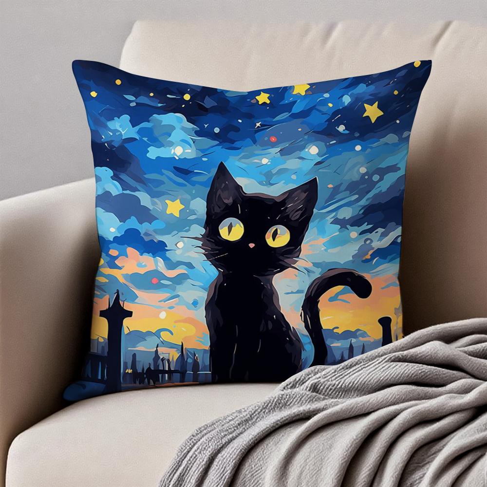 Starry Sky Art Cat Cushion Cover Pillowcase Anti-Dustmite Invisible Zipper Short Plush Sofa Cushion