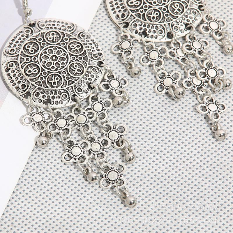 Bohemian Retro Round Carved Multi-Layer Alloy Water Drop Tassel Earrings
