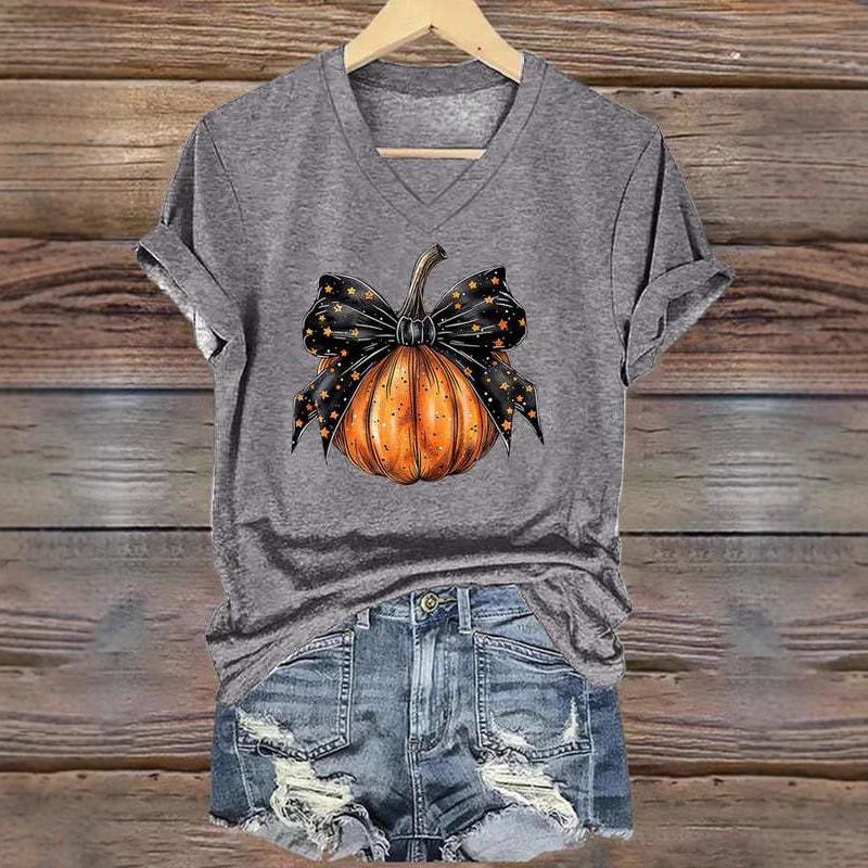 Summer V-neck 3D Bowknot Pumpkin Printed Top Fashionable Casual Short Sleeved Women's T-shirts