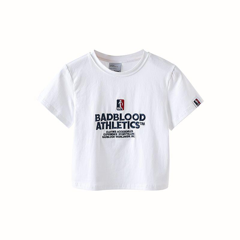 South Korea Badblood Sexy Short T-shirt Women's Summer Casual Embroidered Slim Slim Looking Midriff Outfit round Neck Tops Tide