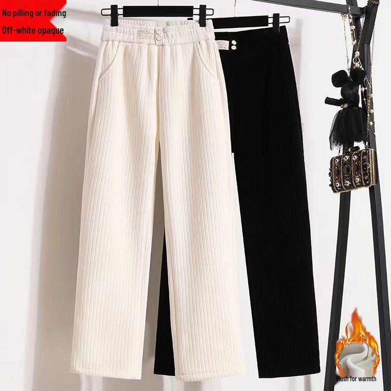 Petite Chenille Wide Leg Fleece-Lined Pants - Autumn/Winter High-Waisted Casual Trousers