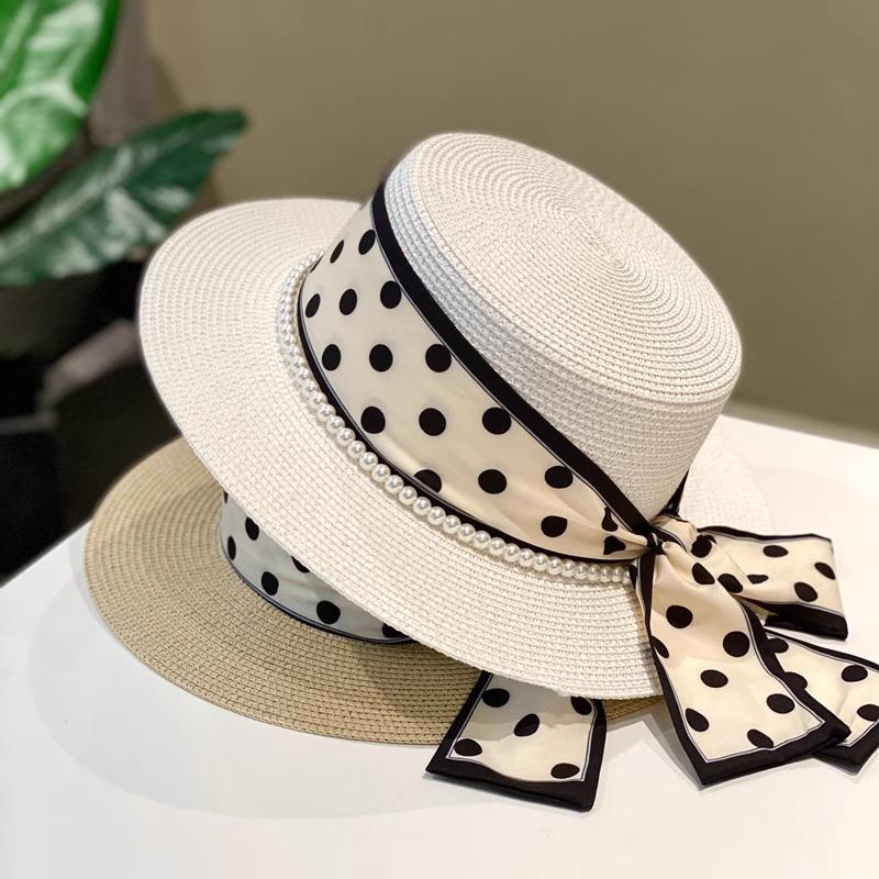 Simple Polka Dot Straw Hat Women's Summer Sunshade Sunscreen Vacation Beach Hat Flat Top White Top Hat Travel