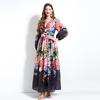 2025 Spring/Summer Floral V-Neck Lantern Sleeve Dress with Ruched Waist & Ruffle Hem