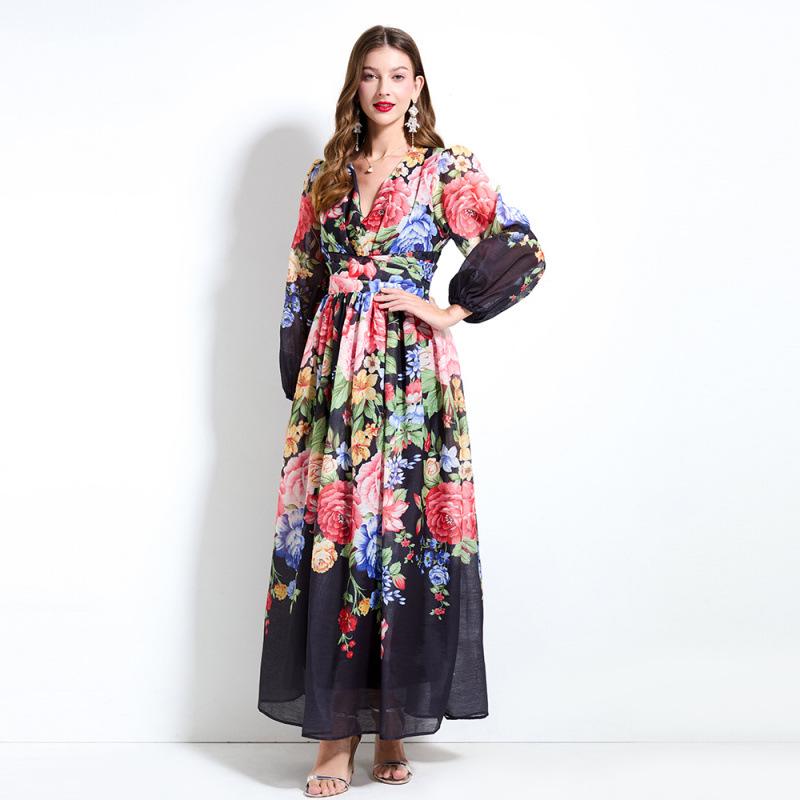 2025 Spring/Summer Floral V-Neck Lantern Sleeve Dress with Ruched Waist & Ruffle Hem