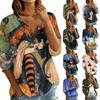Women Casual Halloween Print V Neck Button Three Quarter Sleeve T Shirt Top Lightweight Loose Fit Blouse for Everyday Wear