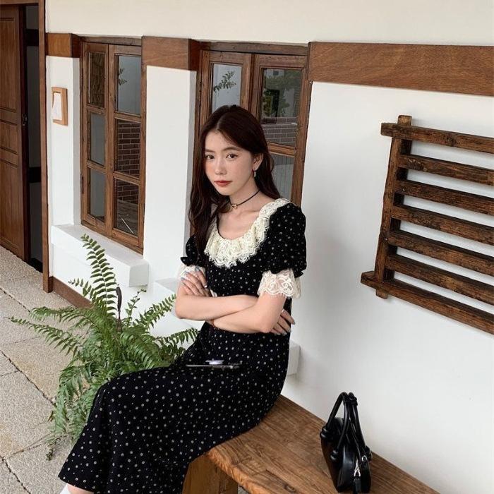 

Ink black French lotus leaf collar floral tea break dress summer new light luxury sweet medium and long short-sleeved dress XL чорний