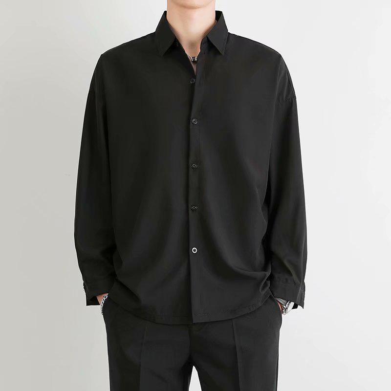 Men's Summer Ice Silk Long-Sleeve Black Drape Shirt - Wrinkle-Free, Loose, Casual, Handsome Gray Style