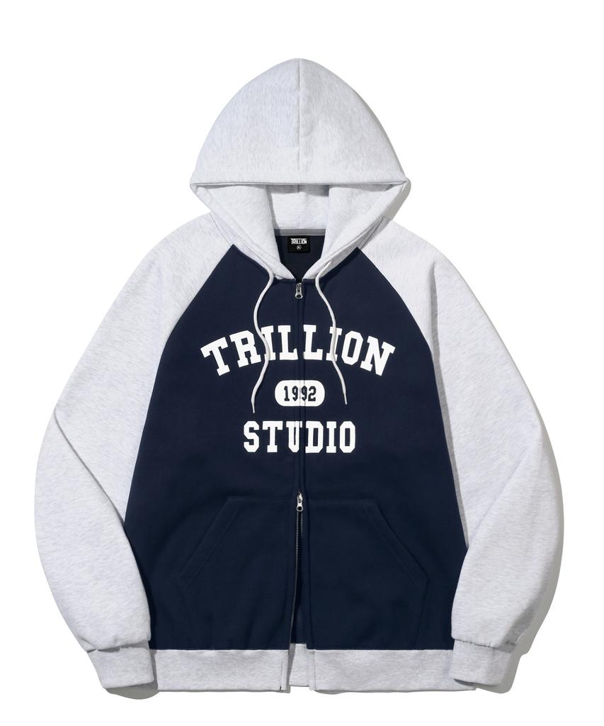 Trillion Raglan Color Mix 1992 Graphic Zip-Up Hoodie (Navy)