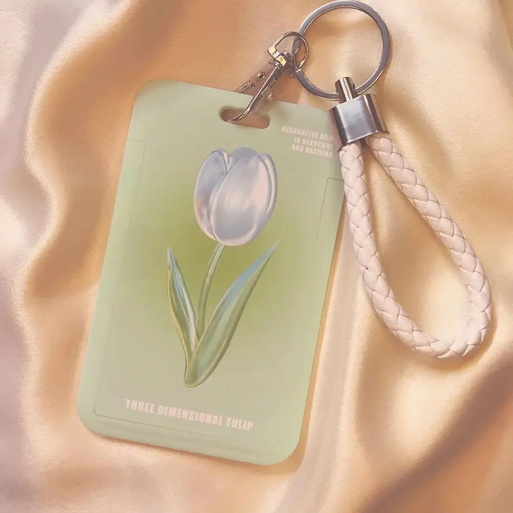 Ins Rose Tulip Flower ID Card Holder Kpop Star Photo Card Display Case Cute Student Subway Bus Card Protective Case with Lanyard