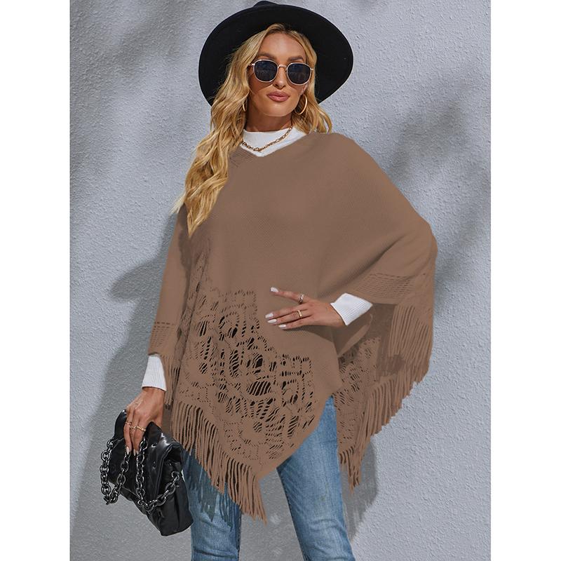 New Casual Women Shawl Fashionable Poncho Cotton Knitted Sweater Hollow Tassel Plus Size Pullover Woman