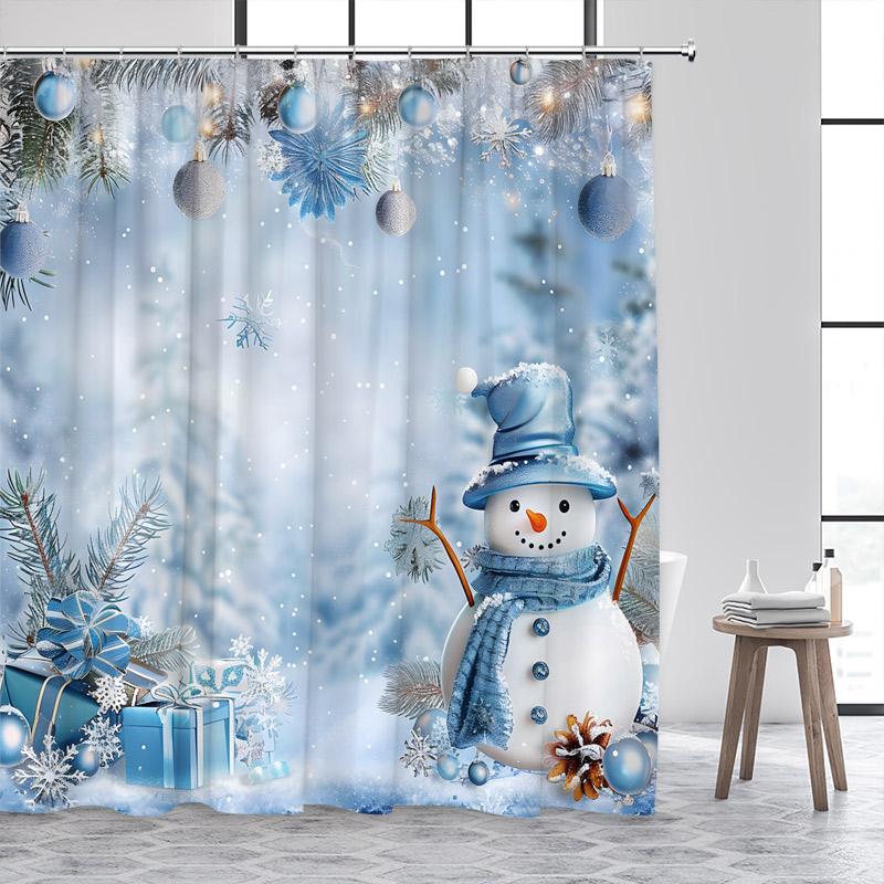 Christmas Shower Curtains Cute Snowman Santa Claus Xmas Tree Winter Town Street Landscape Bath Curtain Home Bathroom Decor Set