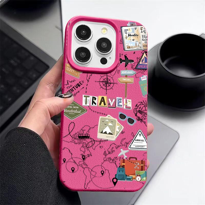 Für iPhone 16 15 Pro Max 14 Pro 13 12 11 Hülle Reise Wegweiser Muster TPU Ledertextur Weich Matt Stoßfest Schlank Handyhülle