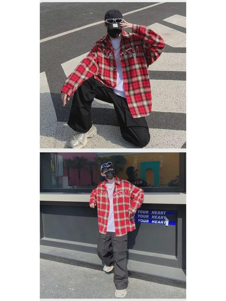 Men's Retro Red Plaid Embroidered Shirt - American Style, Loose Fit, Long Sleeve, Sun Protection