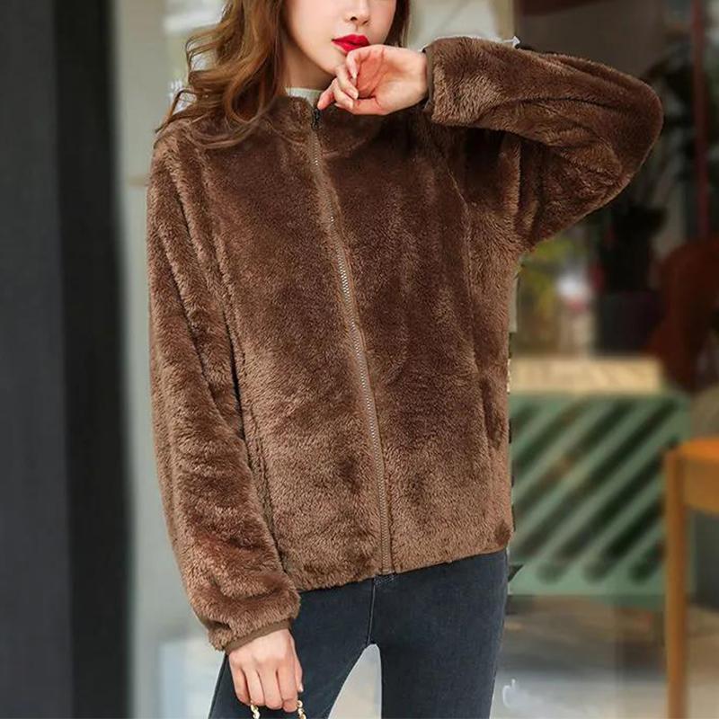 

Зимнее женское однотонное флисовое пальто Kroean в стиле, толстая толстовка с карманом на молнии и длинными рукавами, теплая, мягкая, полная куртка Tide