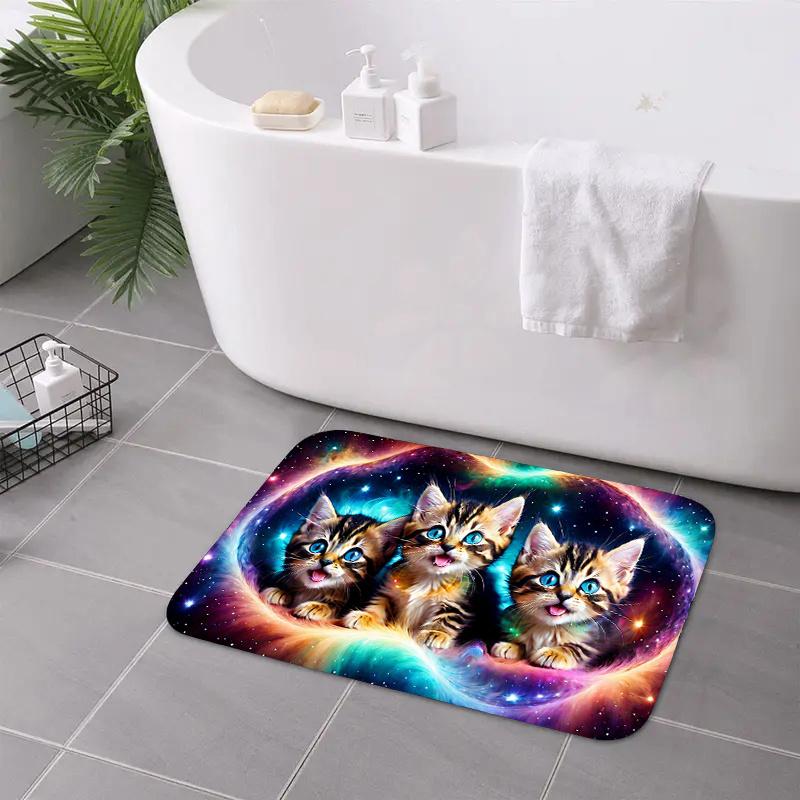 Colorful Galaxy Three Kittens Print Doormat, Non Slip Waterproof Cute Cat Entryway Floor Rug for Front Door Indoor Porch Home Decor