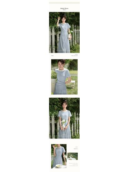 Oxygen French Style Blue Cinched-Waist Summer Dress - Women's Short-Sleeve, Fitted Long Skirt