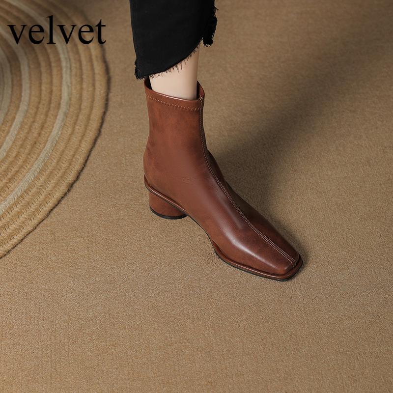 Fashion Square Head Short Boots Women's 2025 Autumn and Winter New Soft Sole Fashion Versatile Thick Heel Chelsea Thin Boots Women