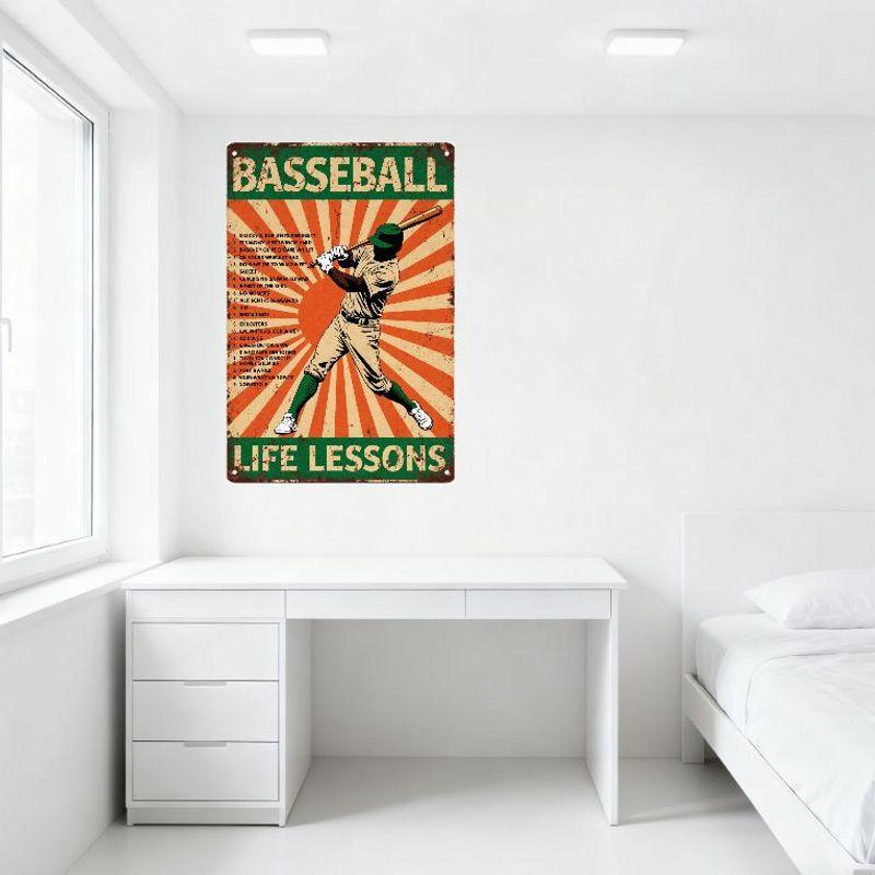 Vintage Baseball Life Lessons Metal Tin Sign with Dynamic Player Illustration - Retro Home Bar Cafe Wall Decor for Man Cave